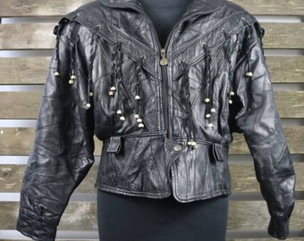Vintage 1980's Black (Womens/Mens) Fringe Leather Jacket / Motorcycle Jacket