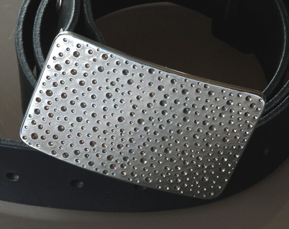 Silver RAIN Belt Buckle Stainless Steel Hypoallergenic DOTS Hand Forged Polka Dot for 1.5" Belt for Blue Jeans Design / Signed Robert Aucoin