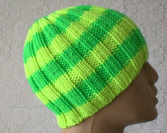 Neon yellow green beanie hat, skull cap, wool hat, striped hat, toque, green yellow hat, beanie hat, mens womens knit hat, ski hiking hat
