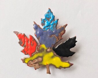Vintage - Copper - Painted - Leaf - Brooch - Pin