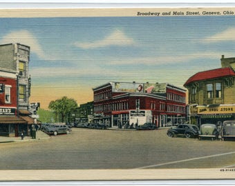 Broadway Main Street Intersection Cars Geneva Ohio 1940s linen postcard
