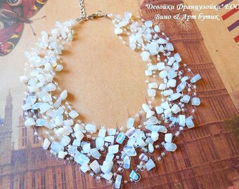 Moonstone Opalite Multistrand Necklace Glass Seed Beads Raw Gemstone Floating Crochet Invisible Necklace Statement Air Healing Crystal Stone