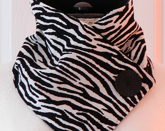 Ladies ZEBRA PRINT NECKWARMER Black and White Corduroy & Fleece Cowl Scarf Women Cozy Warm Large Button Accent