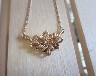Franklin Mint 14k Rose gold rose pendant, Rose diamond pendant and chain