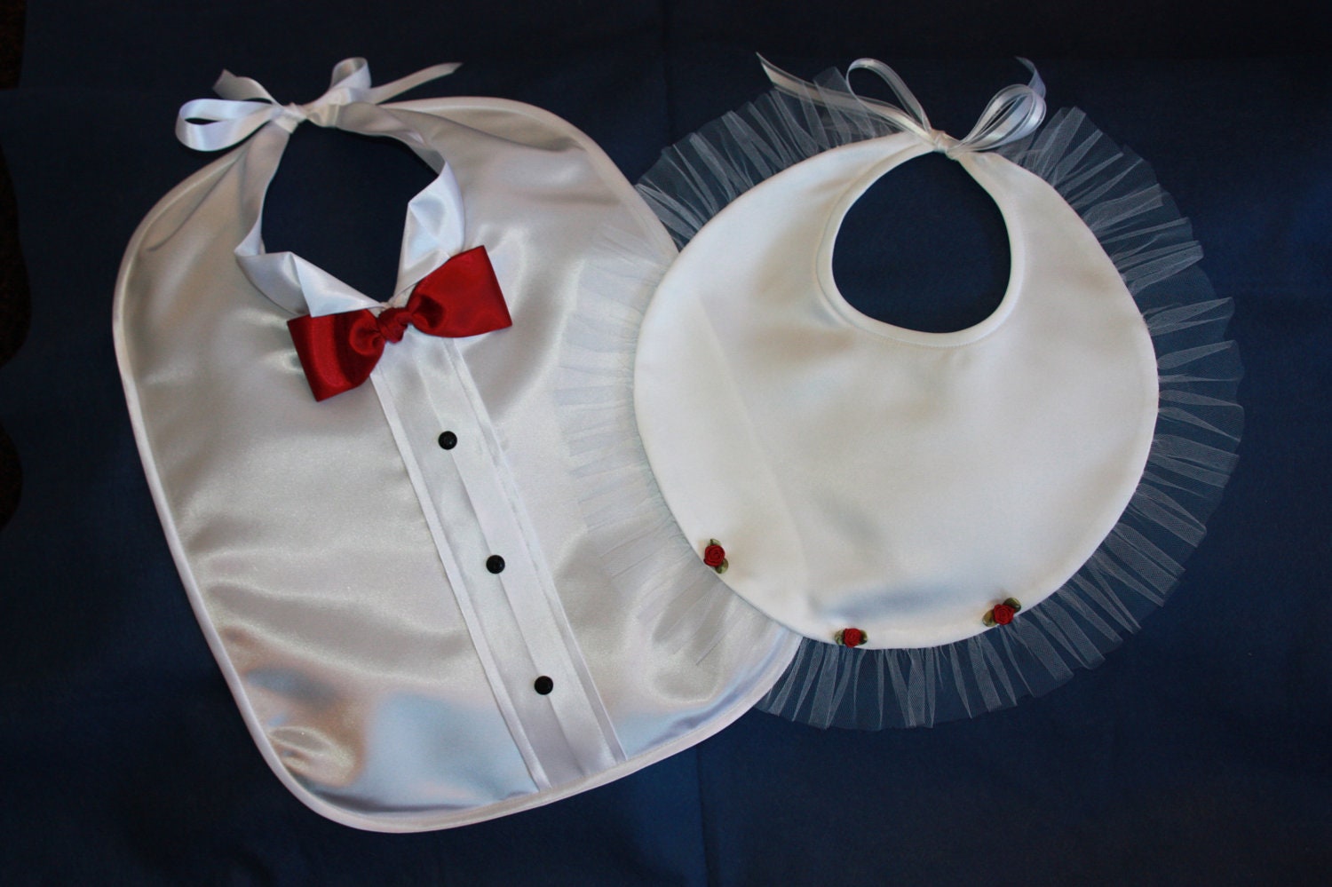 Wedding Bibs Bib Set in white satin with dark red accents