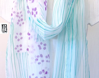 Hand Painted Silk Scarf, Large Silk Scarf, Purple and Pink Sumi Wildflowers, Large Silk Scarf. Chiffon Scarf. 14x70 in. Made to order.