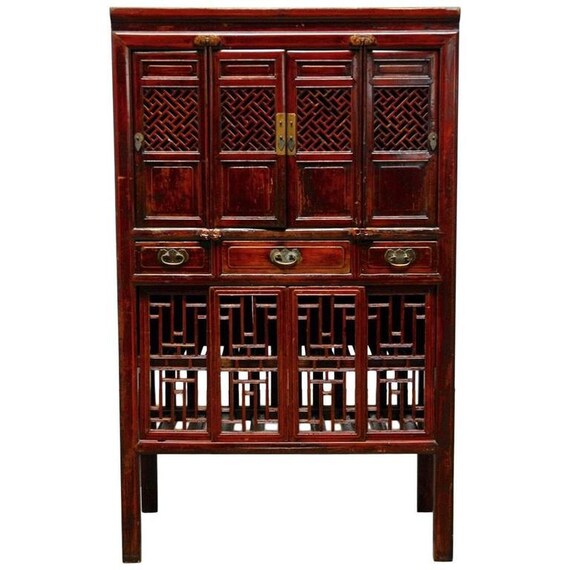Chinese Lacquered Kitchen Cabinet With Lattice Doors