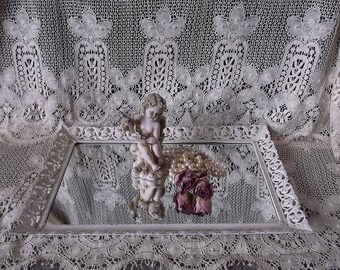 Painted Vintage vanity mirror tray, metal filigree distressed white, Shabby French Country