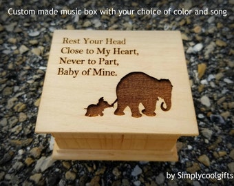 elephant family, baby elephant, Baby mine, Dumbo, music box, wooden music box, elephant music box, personalized, first christmas, christmas