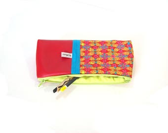 red pencil case multicolor kaleidoscope , pencil pouch in faux leather and graphic fabric , girl's pencil case zippered