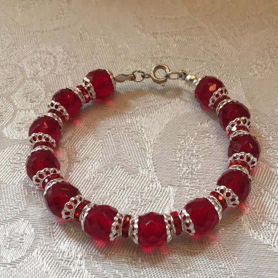 Red Crystal And Rhinestone Beaded Silver Tone Bracelet
