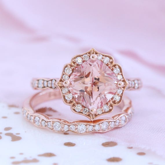 Bridal Set Vintage Floral Champagne Peach Sapphire Engagement