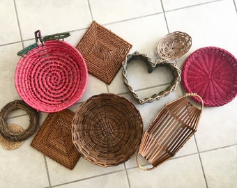 Colorful Wall Basket Set/10 | Woven Coiled Handmade Wall Hanging Basket Decor Bright Red