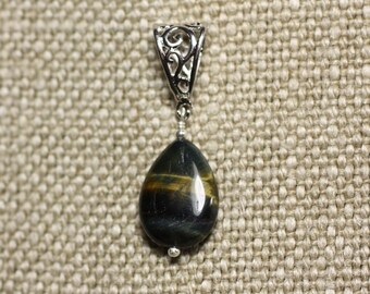 Stone - Tiger eye and Falcon 18mm Teardrop Pendant Necklace