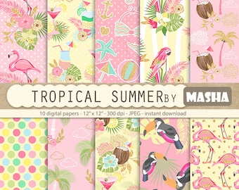 Tropical digital papers: "TROPICAL SUMMER" with flamingo patterns, exotic digital paper, toucan pattern, parrot print, tropical patterns