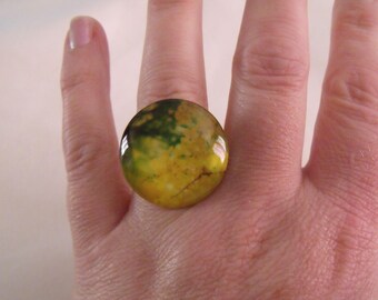 SALE 25mm floral yellow and green glass cabochon ring