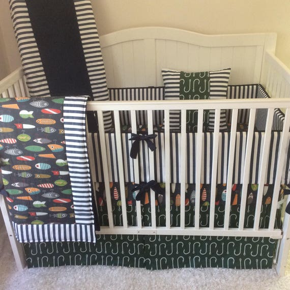 Baby Boy Crib Bedding Set Fishing Lures Orange Navy Green Gray