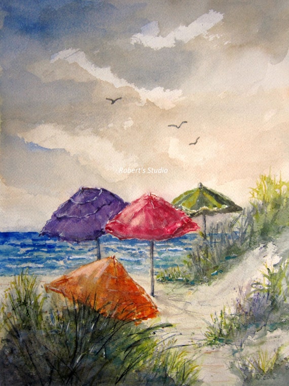 Beach Umbrella Print of a Watercolor Seascape Painting art