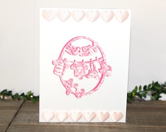 Handmade Pink and White Baby Card, Hearts, Baby Mobile, Blank Inside, Free US Shipping