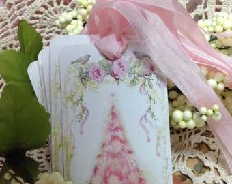 Set of 6 Cottage Style Pink Glittered Christmas Tree Gift Tags