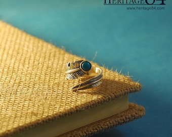 Sterling silver ring for woman, wrap around feather ring, index finger ring, open ring, ring with turquoise in handmade,adjustable ring