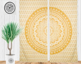 Boho Curtains For Living Room, Bohemian Window Treatment, Hippie Tapestry, Yoga Studio Decor in Gold