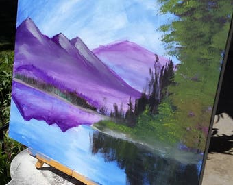 Painted Landscape Mountain Range, Purple Mountain painting, Landscape painting with lake and evergreens, 28 x 22 landscape canvas