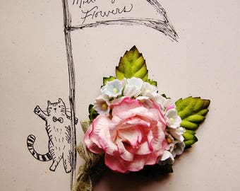 Sugar Pink pastel blue forget me nots Rose Mixed bunch Vintage style Millinery Flower spray Bouquet corsage