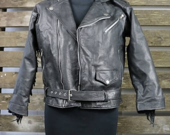 Vintage 1980's Black (Womens/Mens) Fringe Leather Jacket / Motorcycle Jacket BROKEN ZIP