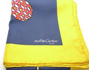 Must De Cartier Vintage Silk Scarf Jewels Blue and Yellow Print