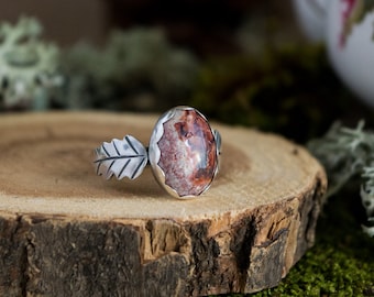 Double Oak Leaf Ring, Sterling Silver and Mexican Opal, Size 10