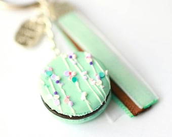 Keychain - blue Mint macaroon realistic white chocolate and colorful sprinkles