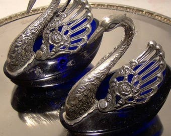 Pair SWANS 800 Silver & Cobalt Blue Glass Open Salt Dishes 1930s
