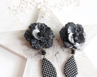 Large polka dots and flower printed baroque clip earrings