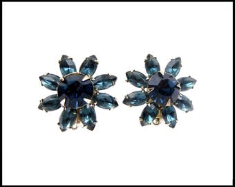 Montana Bue Rhinestone Earrings, London Blue Topaz Rhinestone Flowers, Blue Ear Climbers, Blue Bridesmaid Earrings, Gift For Her