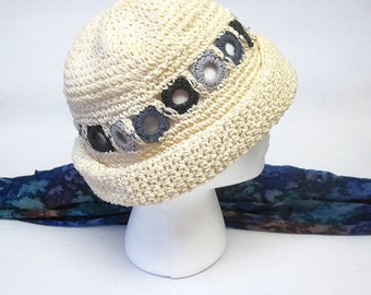 White Crocheted Hat Rolled Brim