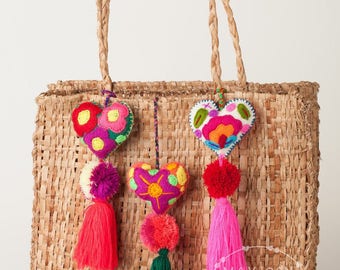 Mexican Felt Hearts / Hand Embroidered hearts with pom-poms / heart pompom tassel charm / wedding favors / baby shower