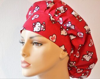 Medical Bouffant Scrub Hat - Hello Kittty Be Mine Kisses All Over with a Matching Headband Scrub Hat