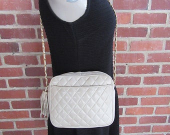 80's Quilted Leather Bag Chain Strap Black Purse Crossbody Handbag Satchel 1980s Vintage