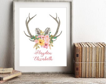 Personalized Boho Tribal Nursery Print, Boho Nursery, Custom Name Print, Baby Girl Nursery Wall Art, Deer Antler Print, Kids Room Decor