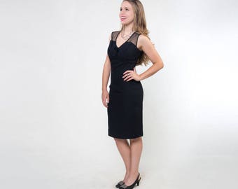60s Black Sheath Dress with Illusion Shoulders - Elegant Miss of California S