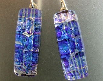 Denim Blues Dichroic Dangles, Handmade Fused Glass Jewelry from North Carolina