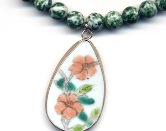 Porcelain Pendant on Green Tree Agate Necklace, Pottery Shard Necklace, Porcelain Jewelry , Pottery Pendant - Handmade Jewelry by AnnaArt72