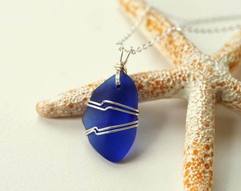 Wire wrapped sea glass pendant cobalt blue sea glass jewelry wire wrapped seaglass necklace wire-wrapped sea glass necklace gift for mother