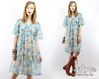 Angel Sleeve Dress Sheer Dress Summer Dress Hippie Dress Boho Dress Hippy Dress Festival Dress Vintage 70s Sheer Floral Babydoll Dress M L