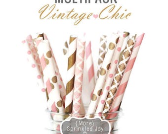 PINK & GOLD Paper Straws, Multipack, Pink, Blush, Gold, Light Pink, Wedding, Damask, Dots, Vintage CHIC, 25 Straws, Stripes, Shower, Party