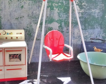 Doll Sized Swing / Red Metal Seat with Musicbox / 1940's Touching Child's Toy / Wind-up Plays Rock-a-bye Baby