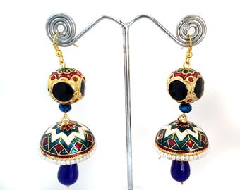 Enamel Jhumka Earrings with Pearls, Onyx Jewelry Ethnic Jewelry,Indian Tribal Jhumkis,bell earrings,Boho Earrings by TANEESI