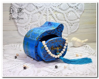 Blue wood box jewelry box decoupage box storage box keepsake box gift wedding box gift box for her gift trinket box Christmas gift sister