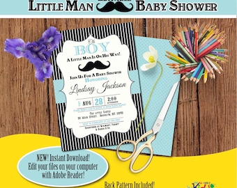 Little man Baby Shower Invitation-Edit Files yourself Instantly-Mustache Baby shower Invite-Little Gentleman-DIY Editable Invitation-B-103